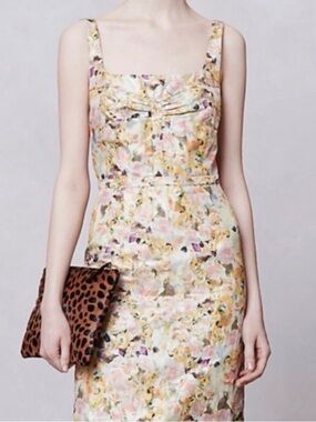 Liefsdottir size 4 brocade Floral Satin Sheath Dress in Yellow